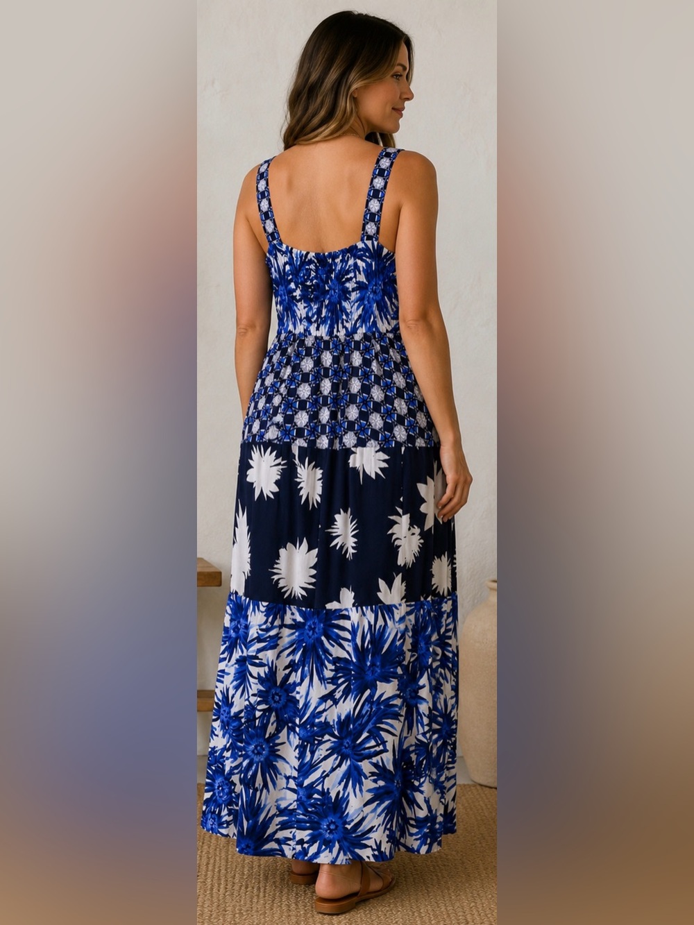 1.STATE Beach Blue White Floral Patchwork Maxi Dress Smocked Back Resort, XL - Picture 2 of 13